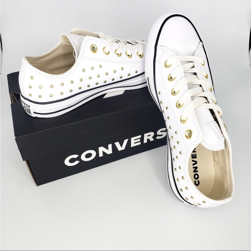 White leather and gold stud converse chucks